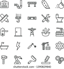 thin line vector icon set - tower crane vector, winch hook, big core, cogwheel, small tools, new roller, portfolio, comfortable toilet, bath, siphon, door knob, ntrance, building level, drawing