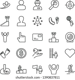 thin line vector icon set - woman vector, children's tracks, workman, heart, index finger, pass card, lens, man, in sight, dollar, bactery, artifical insimination, winner podium, carrer stairway