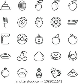 thin line vector icon set - birthday cake vector, slice, with a hole, glazed, pie, popsicle, jam, strawberries, pineapple, cherry, branch of grape, quince, apricot, red apple, strawberry, fig, melon