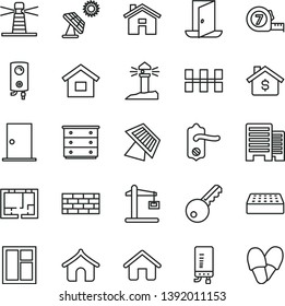 thin line vector icon set - house vector, chest of drawers, dwelling, brickwork, window, long meashuring tape, lay out flat, door knob, ntrance, buildings, ceramic tiles, brick, boiler, electronic