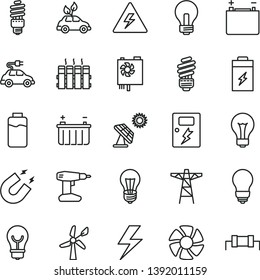 thin line vector icon set - lightning vector, danger of electricity, matte light bulb, incandescent lamp, drill, saving, dangers, radiator, charge level, charging battery, big solar panel, fan