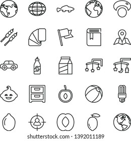 thin line vector icon set - sign of the planet vector, book, toys over cradle, cot, baby bath ball, motor vehicle, funny hairdo, sample colour, map, flag, nightstand, package, barbecue, small fish