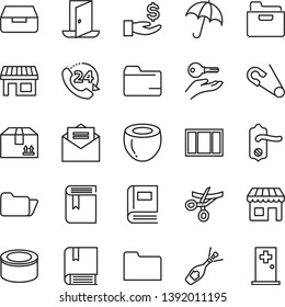 thin line vector icon set - folder vector, book, open pin, e, window frame, door knob, received letter, umbrella, drawer, cardboard box, 24, canned goods, half of coconut, kiosk, stall, get a wage