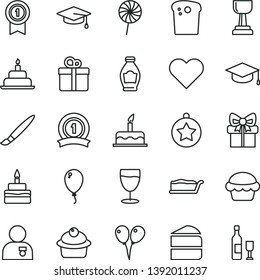 thin line vector icon set - tassel vector, colored air balloons, balloon, cake, birthday, heart, gift, square academic hat, Easter, muffin, piece of, slice, lollipop, glass, bottle, gold cup, star