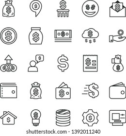 thin line vector icon set - purse vector, dollar, column of coins, denomination the, article on, catch a coin, wallet, money, dollars, cash, bag hand, rain, mortgage, gear, idea, eyes, growth, mail