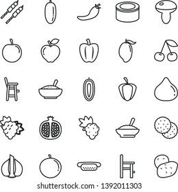 thin line vector icon set - a chair for feeding vector, child, canned goods, mini hot dog, mushroom, bowl of buckwheat porridge, rice, barbecue, biscuit, cherry, half pomegranate, grape, branch, fig