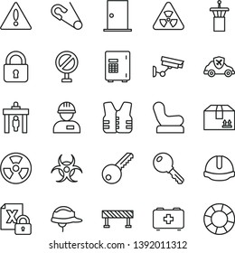thin line vector icon set - warning vector, prohibition, Baby chair, open pin, bag of a paramedic, workman, key, ntrance door, construction helmet, road fence, lock, cardboard box, radiation hazard