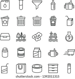 thin line vector icon set - bin vector, storage unit, mug for feeding, measuring cup, bottle, powder, e, packing of juice with a straw, dust, drawer, bag handles, package, canned goods, tin, popcorn