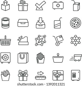 thin line vector icon set - grocery basket vector, bag of a paramedic, e, packing juice with straw, put in box, drawer, strongbox, handles, gift, shipment, unpacking, tin, pizza, French fries, safe
