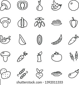 thin line vector icon set - fried vegetables on sticks vector, onion, slices of, mushroom, porcini, meat skewers, cabbage, tomato, chili, garlic, carrot, goji berry, sweet date fruit, apple stub