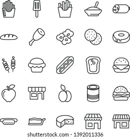 thin line vector icon set - kiosk vector, sausage, cheese, loaf, tin, fried vegetables on sticks, Hot Dog, mini, big burger, cake, slice, with a hole, bowl of buckwheat porridge, chicken thigh, red