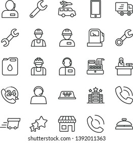 thin line vector icon set - builder vector, workman, smartphone, 24, phone call, operator, gas station, canister of oil, repair key, kiosk, dispatcher, urgent cargo, Express delivery, cash machine