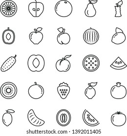 Thin Line Vector Icon Set - Cucumber Vector, Strawberry, Peach, Ripe, Pomegranate, Quince, Red Apple, Tasty, Water Melon, Slice Of, Delicious Plum, Half, Tangerine, Lemon, Yellow, Kiwi, Orange, Stub