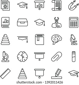 thin line vector icon set - clip vector, yardstick, calculator, book, stacking rings, toy, drawing, drawer, square academic hat, magnet, on statistics, research article, scientific publication