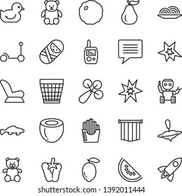 thin line vector icon set - image of thought vector, wicker pot, baby rattle, car child seat, duckling, tumbler, toy mobile phone, teddy bear, small, yule, Kick scooter, onion, cabbage, peper, fish