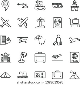 thin line vector icon set - case vector, passport, coastal lighthouse, sand castle, helicopter, dollar pin, plane, bus, passenger, suitcase, ticket, departure, hotel, tent, beach, palm tree, pool