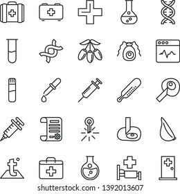 thin line vector icon set - first aid kit vector, plus, mercury thermometer, bag of a paramedic, medical, temperature, cardiogram, garlic, goji berry, round flask, research article, test tube, dna