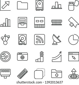thin line vector icon set - add bookmark vector, rss feed, pie chart, growth, archive, upload folder, copy, bar, radiator fan, memory, hdd, usb, flash, network, browser, lan connector, graph