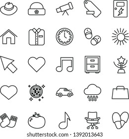 thin line vector icon set - heart symbol vector, clock face, hat, remove label, bedside table, cloud, warm socks, child shoes, dangers, home, folded shirt, tomato, retro car, hand bag, note, chair