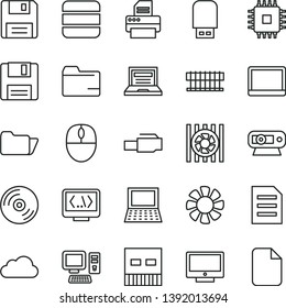 thin line vector icon set - laptop vector, folder, CD, screen, computer, notebook pc, fan, radiator, mouse, cpu, web camera, usb, printer, flash, floppy, coding, lan connector, big data, cloud, file
