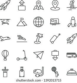 thin line vector icon set - child Kick scooter vector, map, earth, geolocation, rocket, man hold world, mountain flag, paper plane, camper, bus, air balloon, backpacker, airport tower, passenger