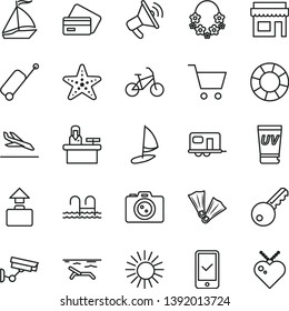 thin line vector icon set - camper vector, sail boat, bike, phone registration, rolling case, baggage, arrival, credit card, beach, sun, uv cream, hawaii wreath, pool, starfish, flippers, camera