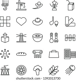 thin line vector icon set - heart symbol vector, hat, packing of juice with a straw, plastic fork spoons, drumroll, winch hook, color samples, city block, tile, ceramic tiles, unpacking, loaf, kiwi