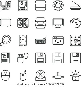 thin line vector icon set - floppy disk vector, processor, computer, fan, mouse, keyboard, motherboard, monitor, web camera, hdd, scanner, usb flash, pc speaker, connect, coding, magnifier, big data