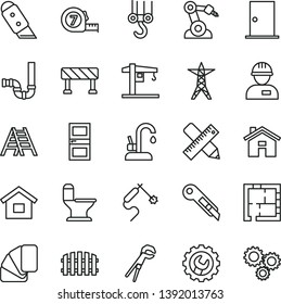 thin line vector icon set - house vector, crane, dwelling, workman, winch hook, adjustable wrench, long meashuring tape, sample of colour, ladder, comfortable toilet, siphon, laying out, interroom