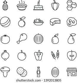 thin line vector icon set - bath ball vector, cake, cheese, fried vegetables on sticks, mushroom, porridge in a saucepan, plate of fruit, chicken leg, peper, bottle soda, omelette, pineapple, pear