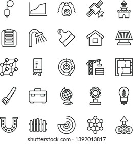 thin line vector icon set - tower crane vector, dwelling, arm saw, suitcase, shower, laying out, plummet, putty knife, hedge, electronic boiler, satellite, bactery, globe, clipboard, growth graph