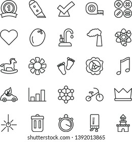 thin line vector icon set - footprints vector, small rocking horse, tricycle, measuring tape, knife, kitchen faucet, electronic boiler, heart, music, math actions, squash, coconut, manufacture, fan