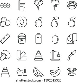 thin line vector icon set - paint roller vector, yardstick, stacking rings, toy, sand set, a chair for feeding, colored air balloons, bucket, color samples, sample of colour, bundle eggs, porcini