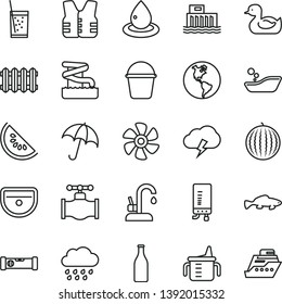 thin line vector icon set - measuring cup for feeding vector, rubber duck, children's bathroom, rainy cloud, bucket, sink, construction level, new radiator, kitchen faucet, electronic boiler, storm