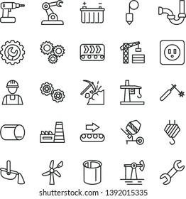 thin line vector icon set - tower crane vector, builder, hook, gears, concrete mixer, cordless drill, sewerage, power socket type b, plummet, gear, working oil derrick, coal mining, wind energy