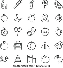 thin line vector icon set - electronic thermometer vector e, stacking toy, tumbler, small yule, colored air balloons, concrete mixer, tomato, lollipop, popcorn, apple, pomegranate, red, tasty, stub