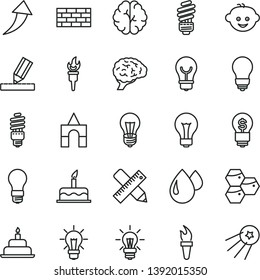 thin line vector icon set - matte light bulb vector, children's hairdo, box of bricks, cake, birthday, brickwork, saving, writing accessories, drawing, honeycombs, drop, energy, brain, flame torch