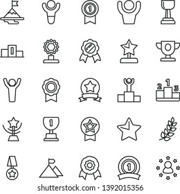 thin line vector icon set - star vector, pedestal, medal, winner, laurel branch, podium, prize, award, cup, gold, reward, man hands up, motivation, mountain flag, with pennant, ribbon, stars around