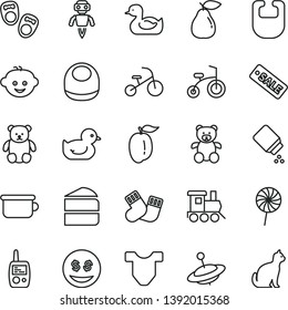 thin line vector icon set - baby powder vector, bib, Child T shirt, rubber duck, duckling, warm socks, toy mobile phone, children's potty, teddy bear, small, hairdo, train, yule, bicycle, tricycle