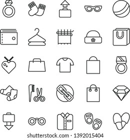 thin line vector icon set - paper bag vector, purse, spectacles, bath ball, accessories for a hairstyle, warm socks, Knitted, shoes little children, hat, with handles, T shirt, folded, hanger, hand