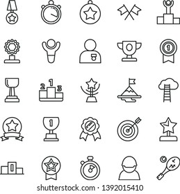 thin line vector icon set - pedestal vector, racer, stopwatch, winner, podium, prize, award, cup, gold, star, reward, man with medal, motivation, target, pennant, ribbon, cross flags, cloud ladder