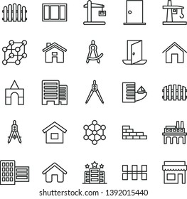 thin line vector icon set - house vector, box of bricks, dwelling, brick wall, window frame, ntrance door, buildings, city block, ceramic tiles, fence, hedge, home, industrial enterprise, 3d cube