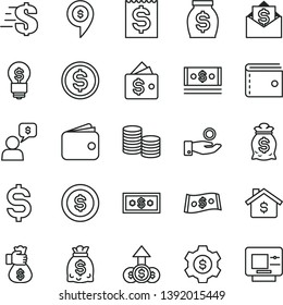 thin line vector icon set - purse vector, dollar, coins, denomination of the, financial item, catch a coin, wallet, money, dollars, cash, bag hand, mortgage, gear, idea, growth, mail, dialog, pin