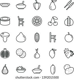 thin line vector icon set - a chair for feeding vector, child, canned goods, mini hot dog, mushroom, bowl of buckwheat porridge, rice, plate fruit, barbecue, biscuit, cherry, half pomegranate, fig