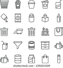 thin line vector icon set - wicker pot vector, bin, storage unit, mug for feeding, measuring cup, bottle, powder, baby, e, packing of juice with a straw, bucket, dust, bag handles, package, tin, oil