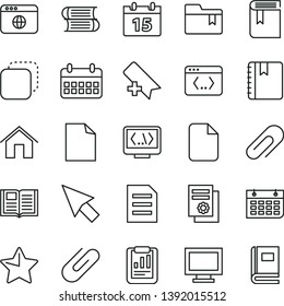 thin line vector icon set - monitor window vector, clip, add bookmark, clean sheet of paper, folder, book, books, home, calendar, star, notebook, copy, statistical report, scientific publication
