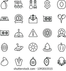 thin line vector icon set - warning vector, plastic fork spoons, baby toy train, yule, colored air balloons, peper, melon, half of mango, loquat, peach, yellow lemon, juicy, slice pineapple, star