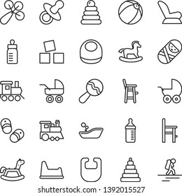 thin line vector icon set - dummy vector, feeding bottle, measuring for, bib, baby, beanbag, rattle, car child seat, stroller, carriage, bath ball, children's bathroom, stacking rings, toy, tumbler