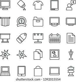 thin line vector icon set - monitor vector, paper bag, clean, scribbled, baby powder, folder, T shirt, label, billboard with illumination, calendar, tablet pc, notebook, bang, pennant, medal ribbon