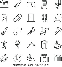 thin line vector icon set - clip vector, iron fork spoons, crane, hook, winch, hand saw, arm, stepladder, ntrance door, kitchen faucet, hammer, anchor, soda can, valve, water pipes, power line, pipe